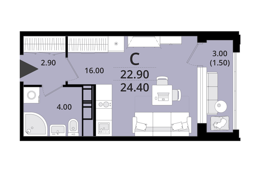 Квартира студия 24.4 м², 10/13 эт., ЖК «Тайм Сквер»